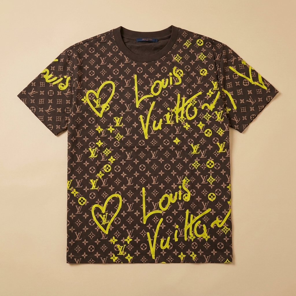 T-shirt usata marrone con monogramma e scritte verde lime