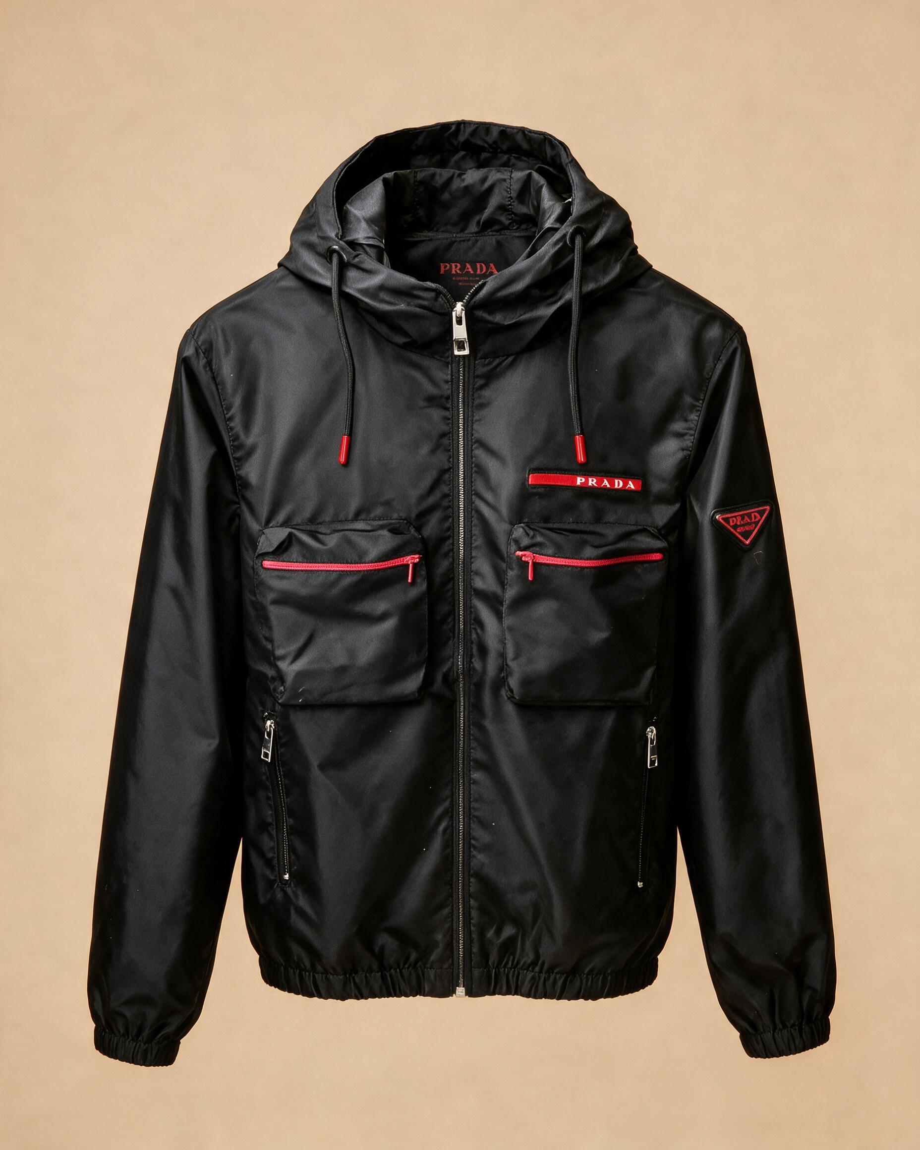 Giacca usata nera con cappuccio e dettagli rossi