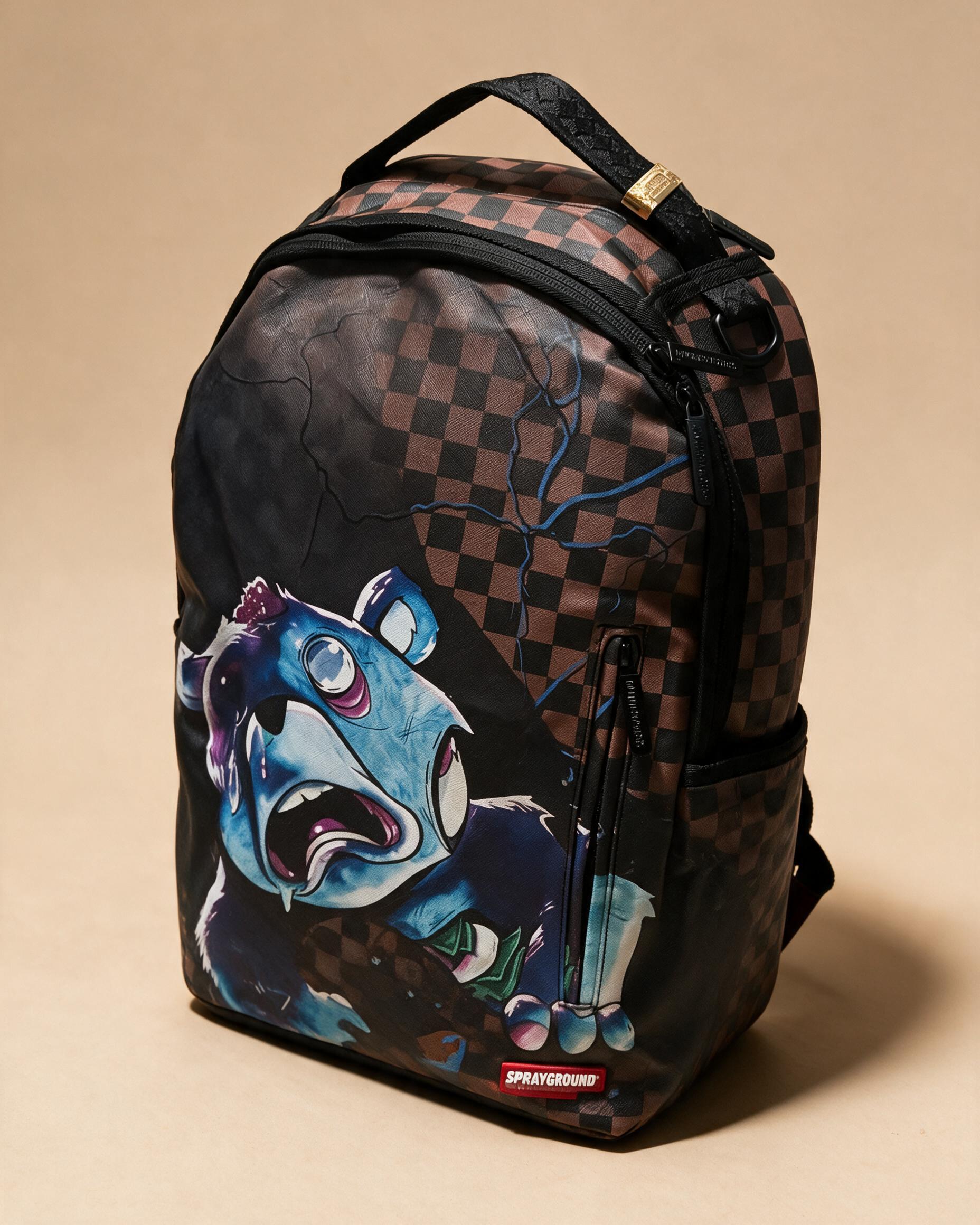 Zaino usato con stampa grafica orso e motivo a scacchiera