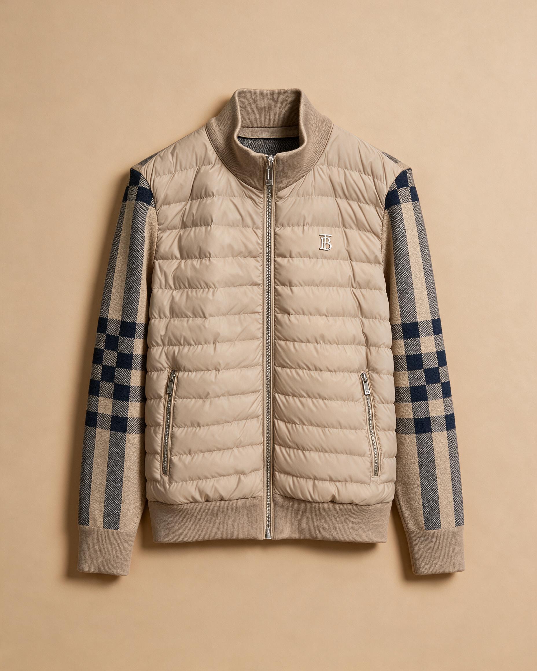 Giacca usata beige con motivo check su maniche e retro