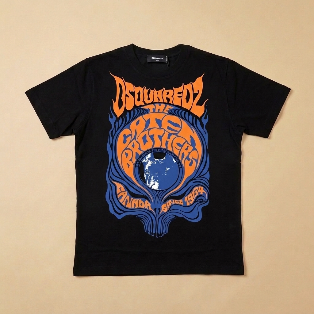 T-shirt usata nera con maxi grafica arancione e blu