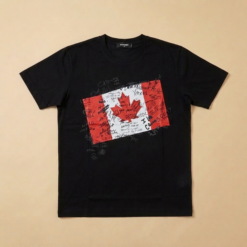 T-shirt usata nera con bandiera canadese e scritte graffiti