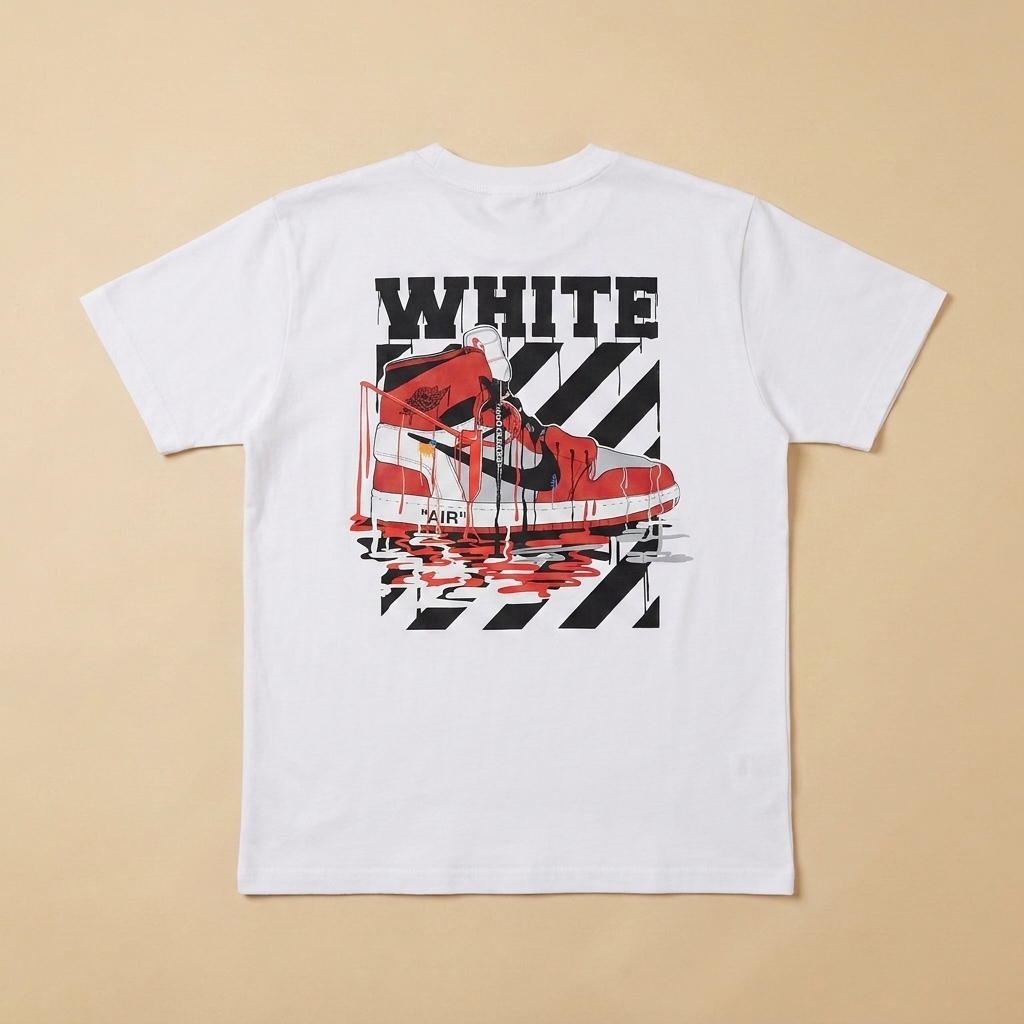 T-shirt usata bianca con maxi sneaker rossa e nera
